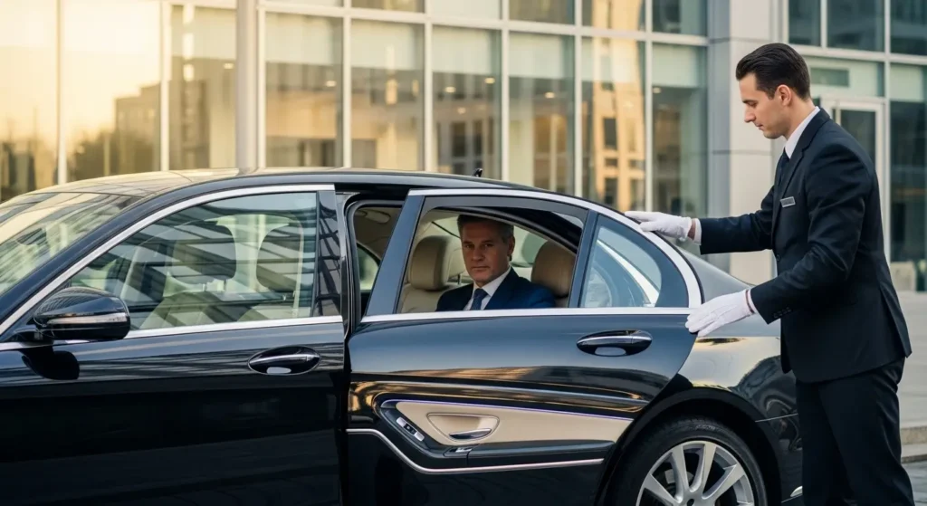 Corporate travel management with luxury chauffeur service as executive enters premium car outside corporate office