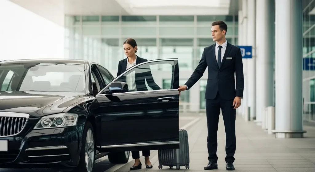 Luxury chauffeur opening car door for airport transfer passenger at modern terminal