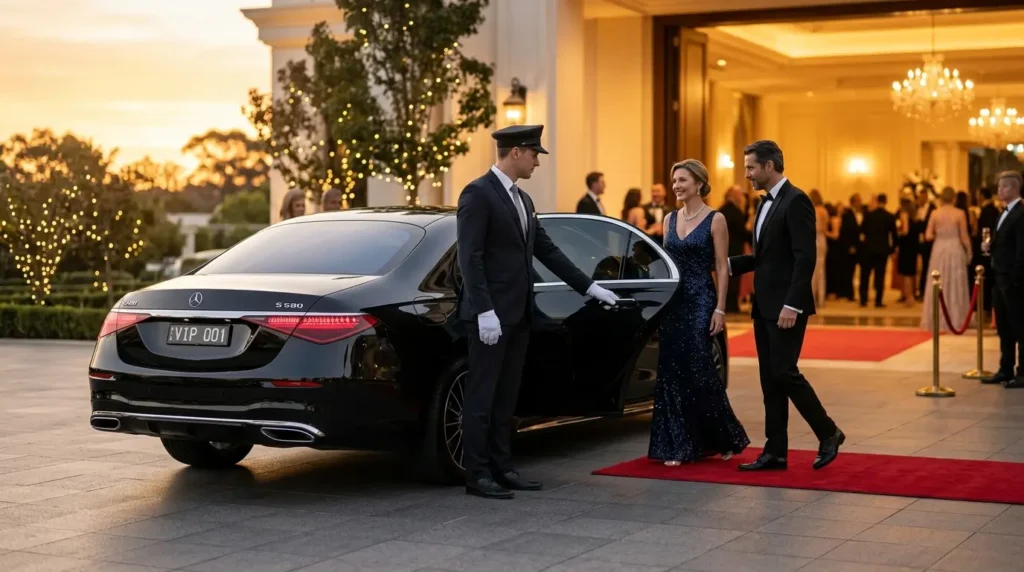 Luxury chauffeur opening car door for guests at an upscale event venue