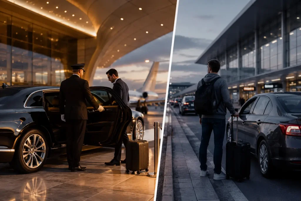 Luxury airport limo service compared with a standard rideshare at a modern airport terminal with a professional chauffeur and traveler.