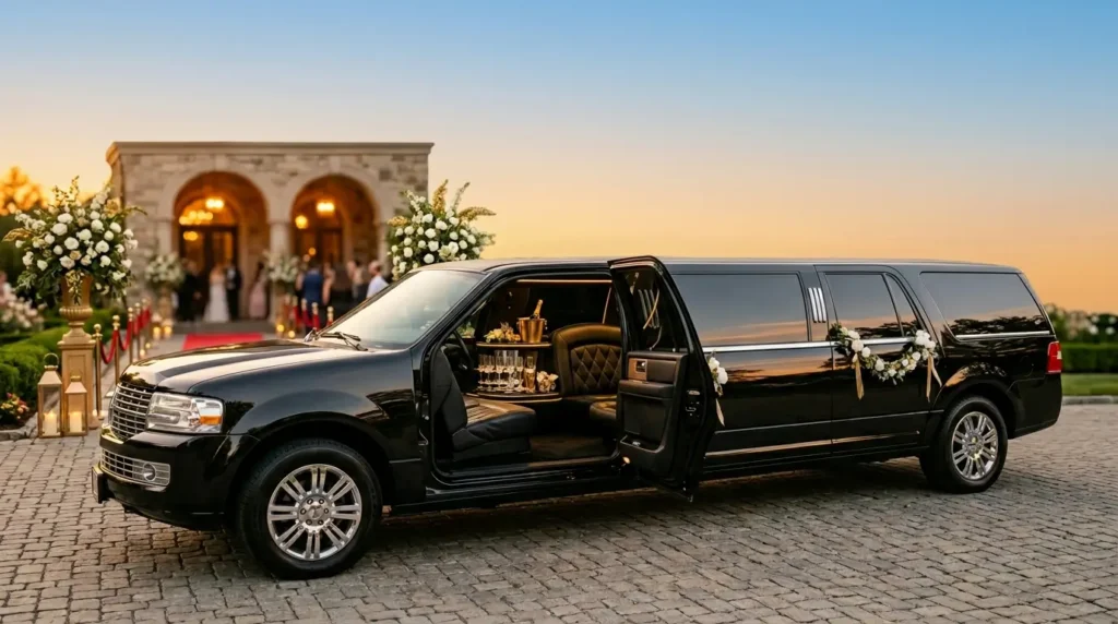 Luxury black wedding limousine with elegant customized interior lighting and premium amenities parked outside a wedding venue.