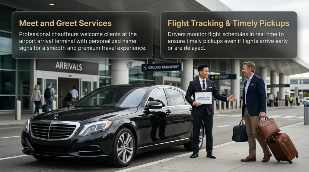 Professional airport chauffeur service with luxury executive car, chauffeur holding welcome sign, and equal-sized service information boxes for meet-and-greet and flight tracking assistance.