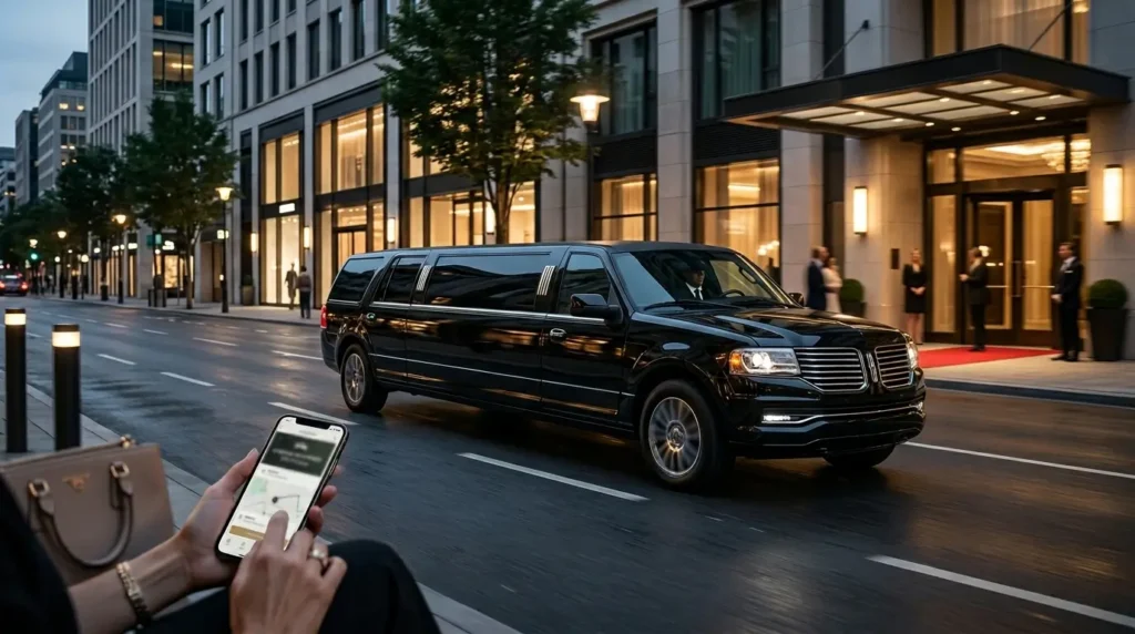 Luxury black limousine representing limo rental services from booking to arrival in a professional modern setting.