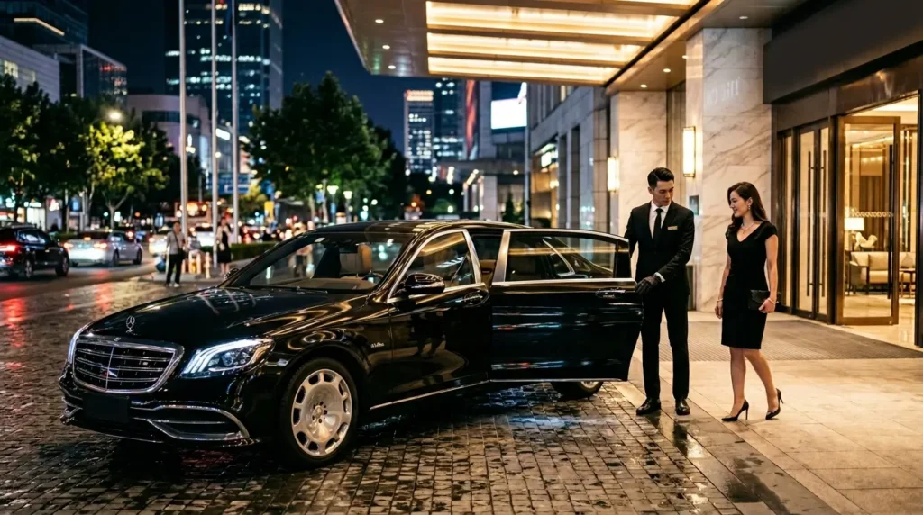 Luxury black limo service with professional chauffeur outside a five-star hotel at night