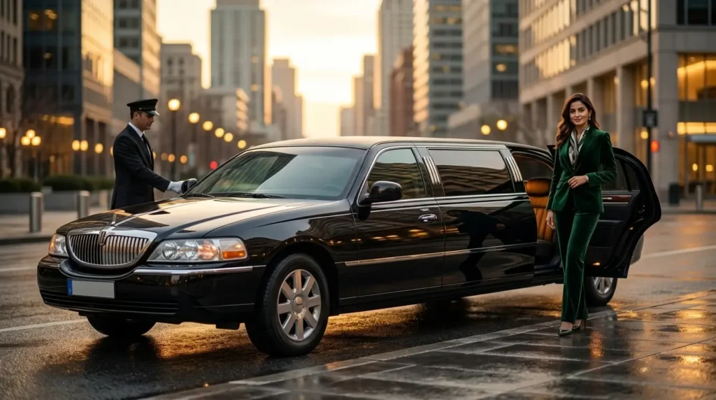 Luxury black limousine parked in a premium urban setting with a stylish businesswoman standing on the right side, representing high-end limo service experience