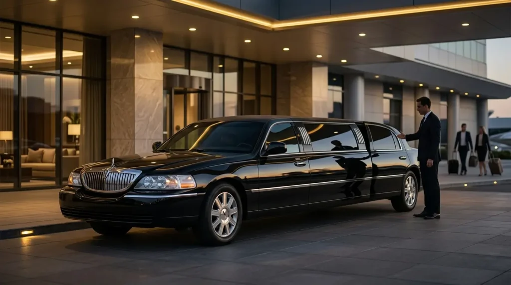Luxury black limousine parked in a premium executive setting with a modern and elegant atmosphere.