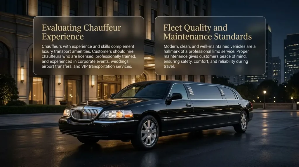 Luxury black stretch limousine with two professional information cards highlighting chauffeur experience and fleet maintenance standards in a premium corporate design.