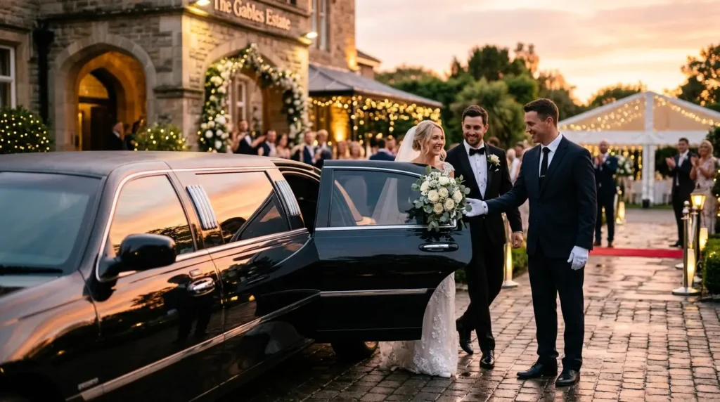 Luxury limousine arriving at a wedding venue with red carpet and elegant lighting.