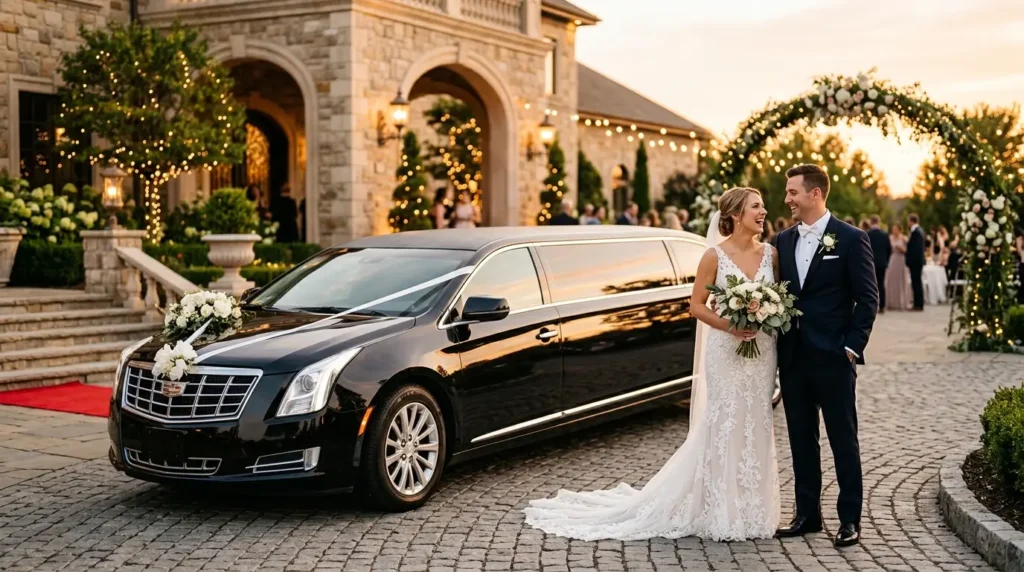 Black luxury limo for wedding service with a bride and groom standing beside it in elegant wedding attire at a glamorous venue entrance during golden hour.
