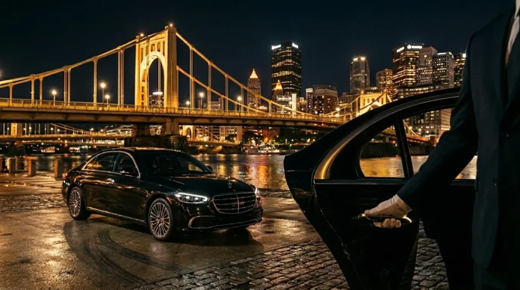 Luxury personal chauffeur service featuring a premium black executive car in a modern urban setting, representing professional, safe, and comfortable VIP transportation.