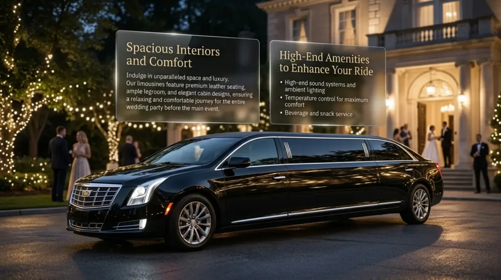 Luxury black stretch limousine with two professional information cards highlighting chauffeur experience and fleet maintenance standards in a premium corporate design.
