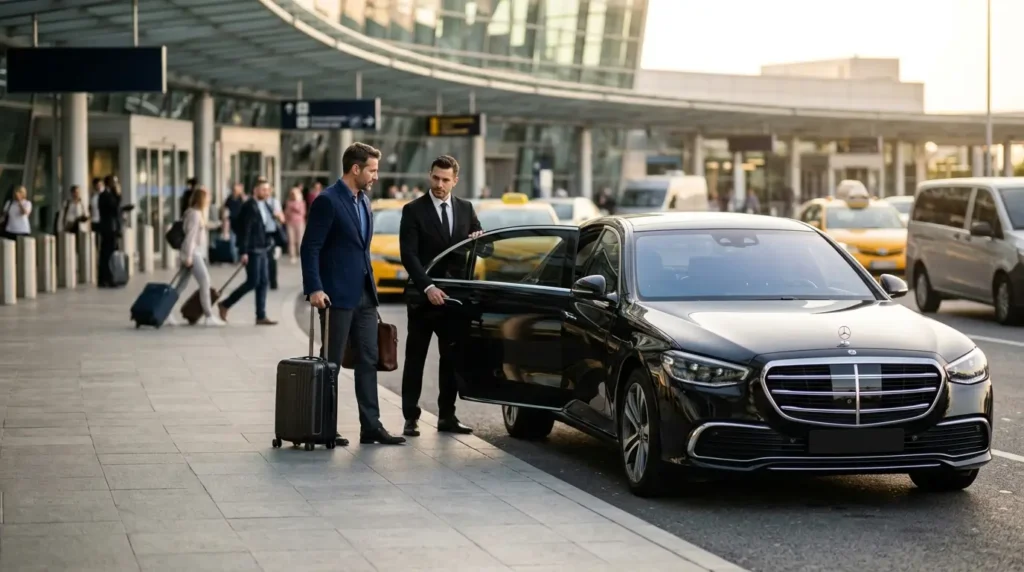 Luxury airport car service with chauffeur assisting a business traveler outside a modern airport terminal.