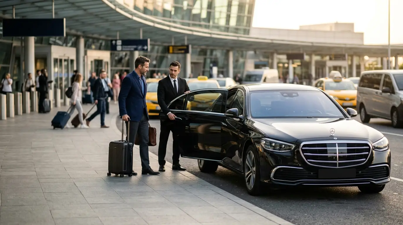 Luxury airport car service with chauffeur assisting a business traveler outside a modern airport terminal.