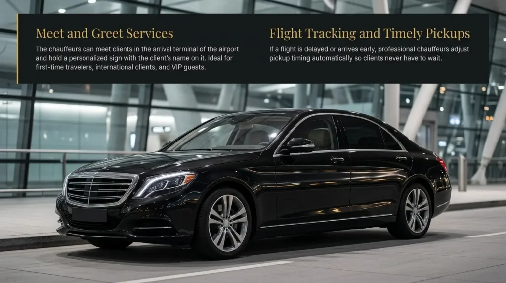 Luxury black chauffeur car at an airport terminal with premium meet and greet and flight tracking service information displayed in a clean left-right layout design with gold accents