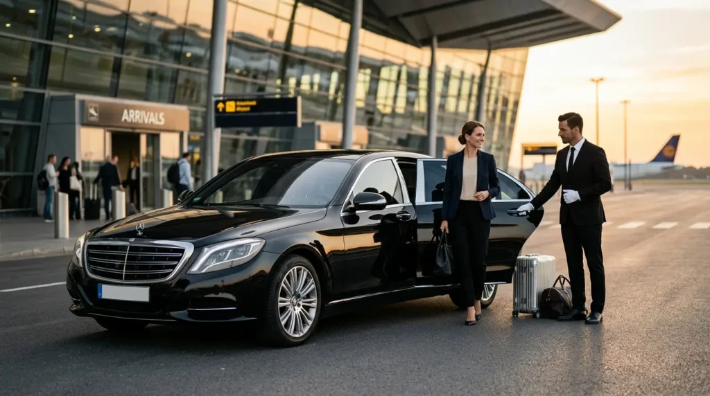 Professional chauffeur standing beside a luxury sedan at an airport entrance with traveler luggage.
