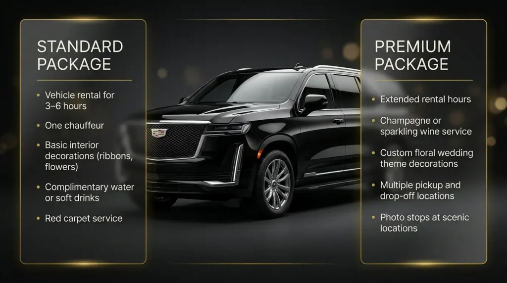 A high-end VIP wedding limousine service design showcasing a glossy black luxury sedan/SUV as the central visual element. The layout is split into two elegant panels: Standard Package and Premium Package. Each section presents clearly structured service details in a minimal, modern UI style. The design uses a dark premium background with subtle gold accents (#d4af37), soft lighting, and refined typography to create a luxurious, professional wedding advertisement aesthetic.