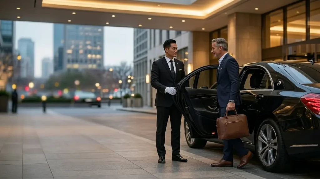 Professional chauffeur in black suit opening door of luxury black sedan for business client, all subjects positioned on the right side of the frame with empty space on left for text overlay, modern city background.