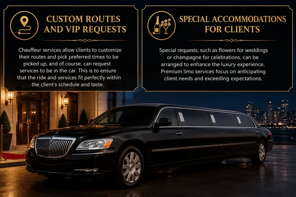 Luxury black limousine parked at a premium venue with elegant service highlights showing “Custom Routes and VIP Requests” and “Special Accommodations for Clients,” representing high-end chauffeur and limo services.