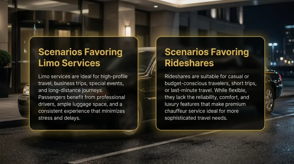 Luxury black limousine car in a cinematic night city environment with two elegant gold-accent glassmorphism cards displaying “Scenarios Favoring Limo Services” and “Scenarios Favoring Rideshares” in a premium chauffeur service website design.