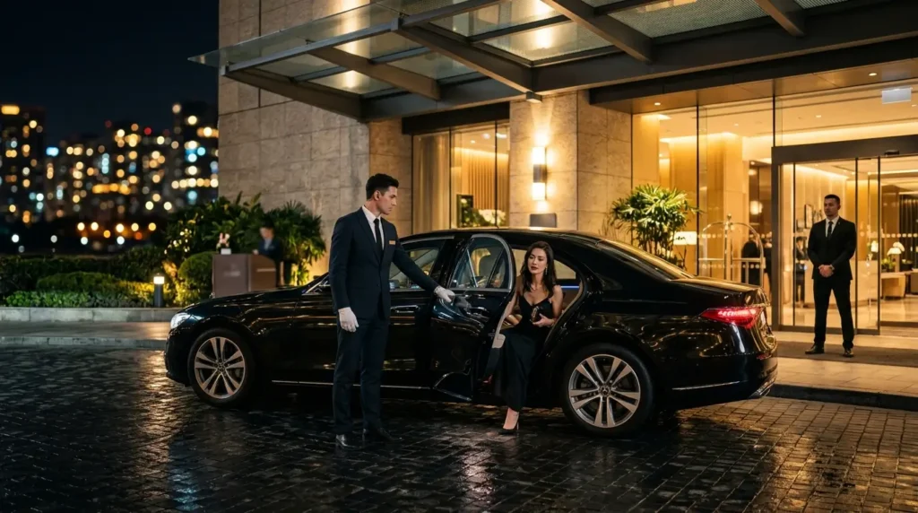 Luxury chauffeur-driven black premium car with discreet VIP security outside a five-star hotel at night, highlighting safety, elegance, and exclusive travel experience.