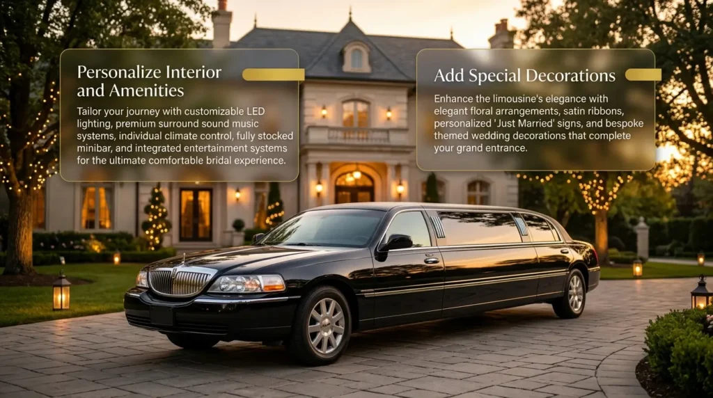 Luxury black wedding limousine parked outside an elegant mansion with personalized interior amenities and wedding decoration features displayed in premium glass-style text panels.