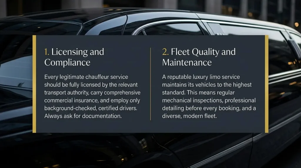 Premium luxury information card featuring licensing compliance and fleet quality details for limousine services.