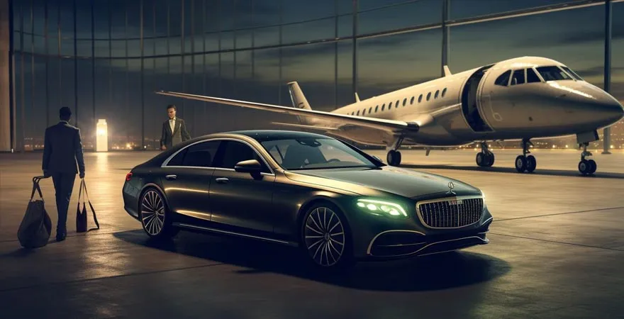 Luxury car parked beside private jet at night